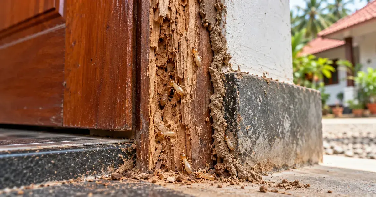 Termites and a mud tube along a damaged wooden door frame