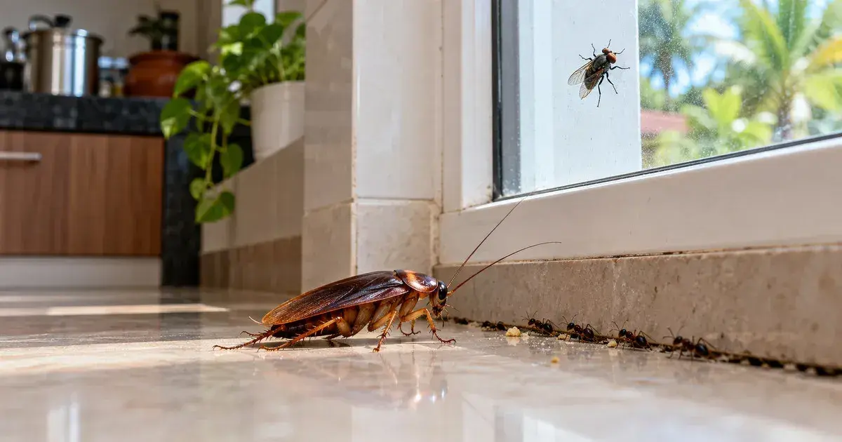 Cockroach, ants, and a housefly near a kitchen window and floor edge