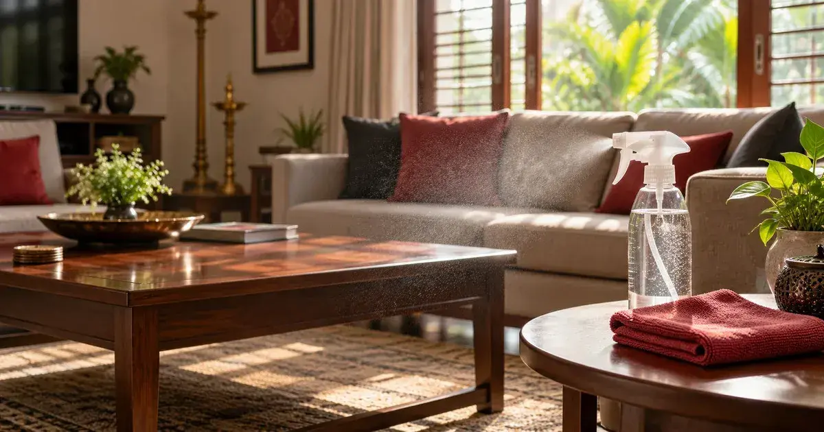 Sanitizing spray bottle and folded cloth in a family living room