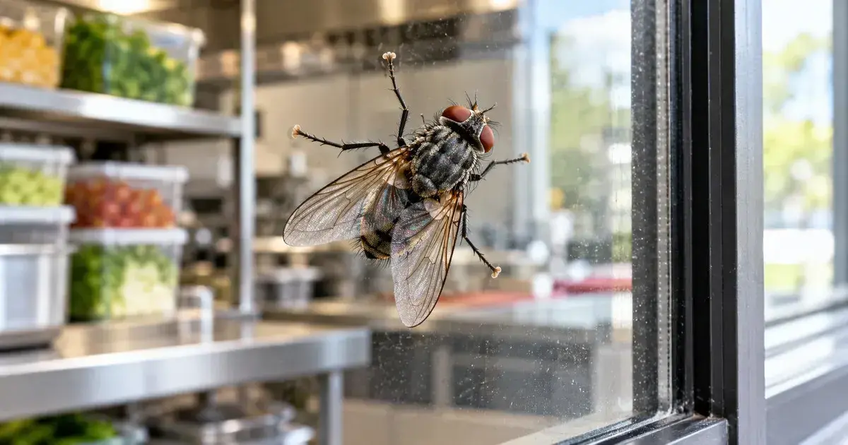 Housefly on a window beside a food storage area