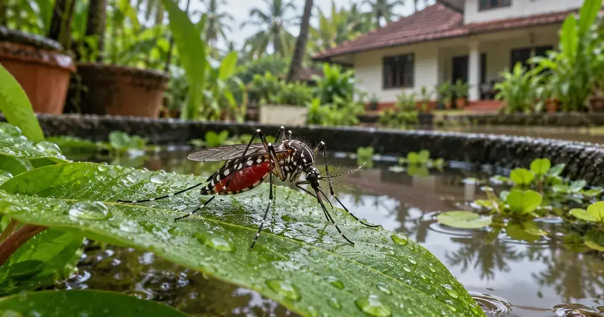 Mosquito resting on a leaf beside standing water outside a home
