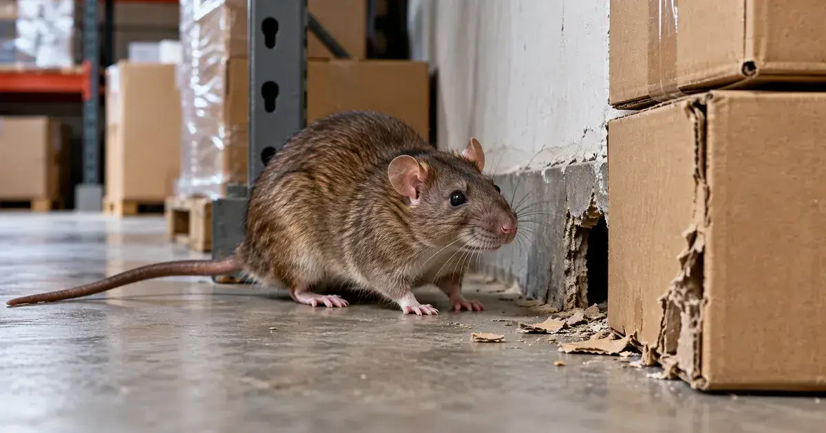 Rat beside damaged cardboard boxes in a storage area