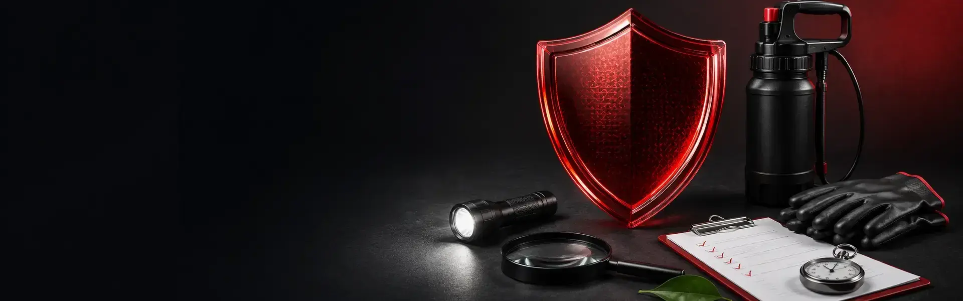 Professional pest-management protection represented by a shield and precision inspection equipment