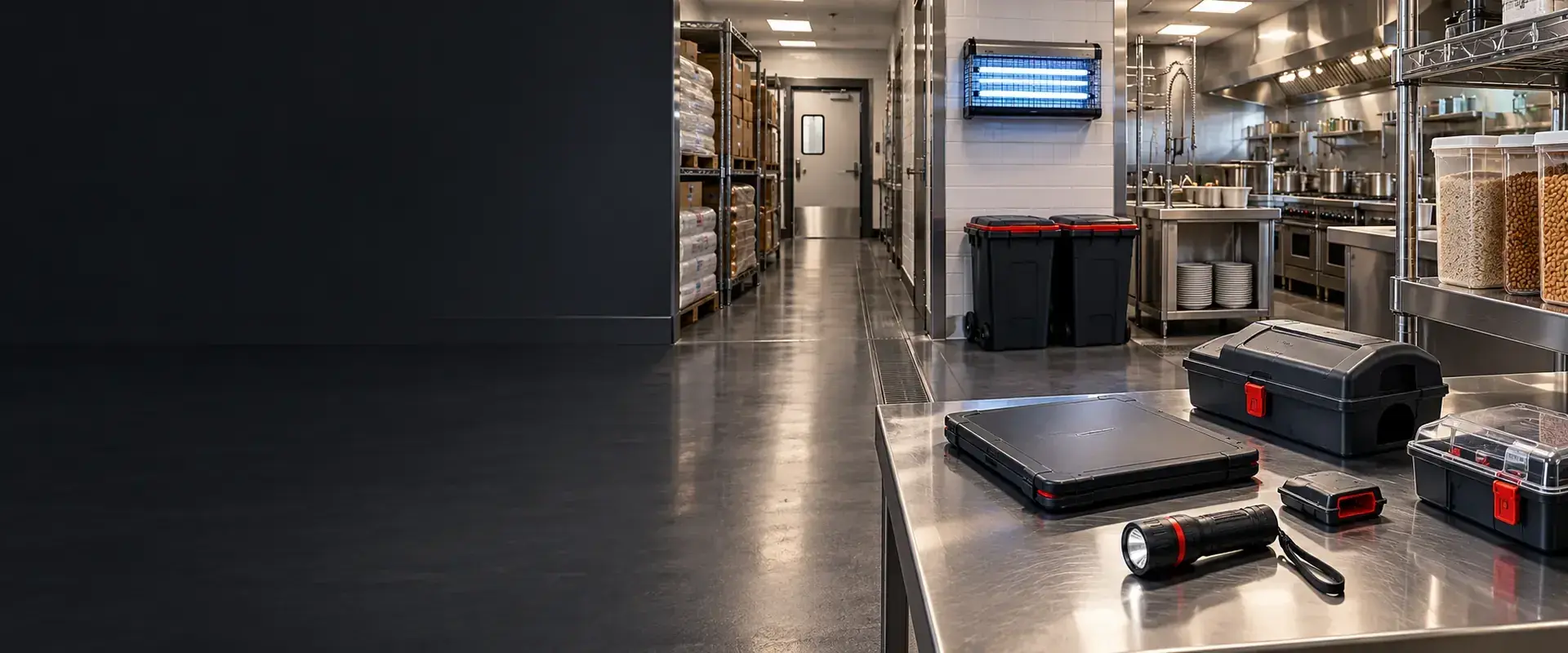 Clean hotel kitchen and storage area with pest-monitoring devices and inspection tools