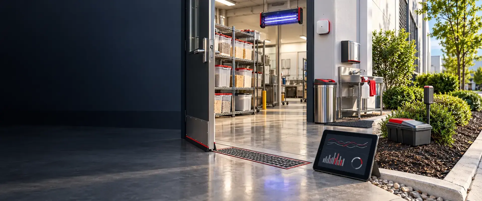 Integrated pest management system with monitoring, sanitation, drainage and exclusion controls