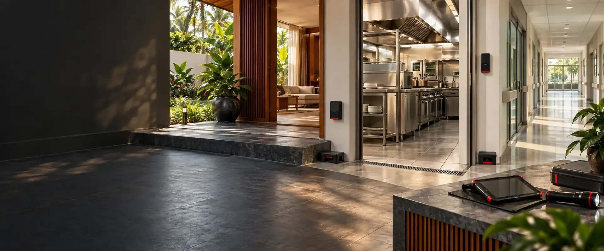Modern villa, commercial kitchen and institutional corridor with discreet pest-monitoring equipment