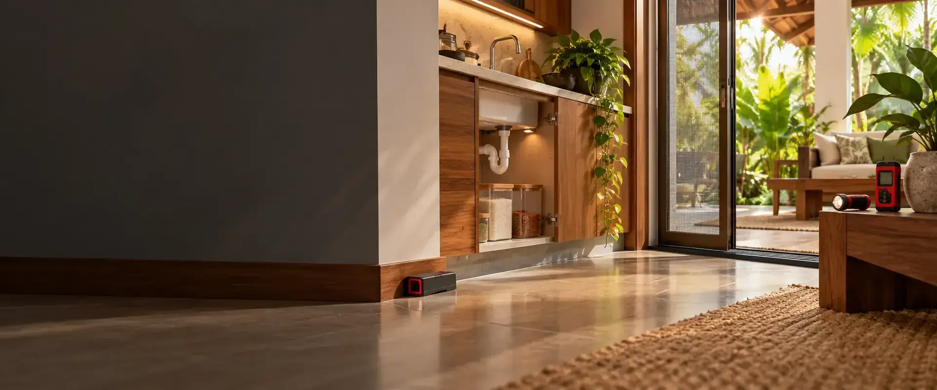Modern tropical villa kitchen with sealed entry points and discreet pest monitors
