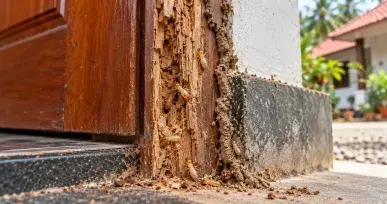 Termites and a mud tube along a damaged wooden door frame