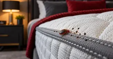 Bed bug and dark spotting along the seam of a mattress