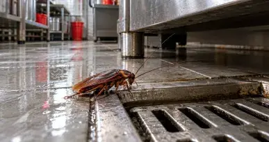 Cockroach beside a floor drain in a commercial kitchen