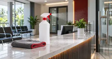 Disinfectant spray bottle and cloth on a reception counter