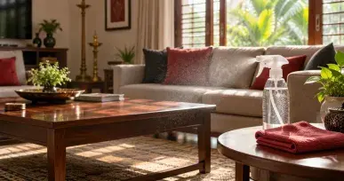 Sanitizing spray bottle and folded cloth in a family living room