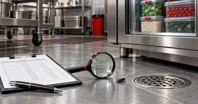 Inspection checklist and magnifying glass beside a commercial kitchen drain
