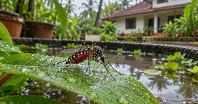 Mosquito resting on a leaf beside standing water outside a home