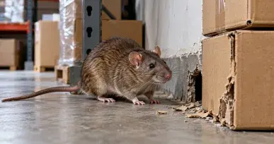 Rat beside damaged cardboard boxes in a storage area